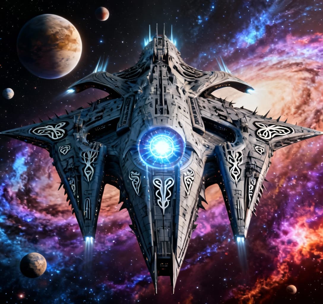 AI generated: Imagine, in detail, an alien spaceship to show a new design. An alien Mega Supercarrier. Show it in ...