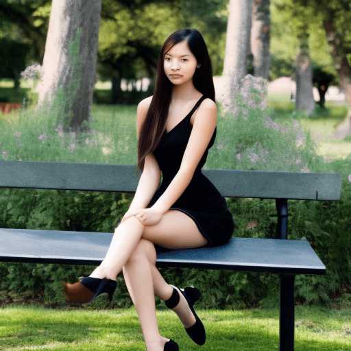 AI generated: Photo of a cute girl wearing a seductive black dress sitting facing forward very demurely on a bench...