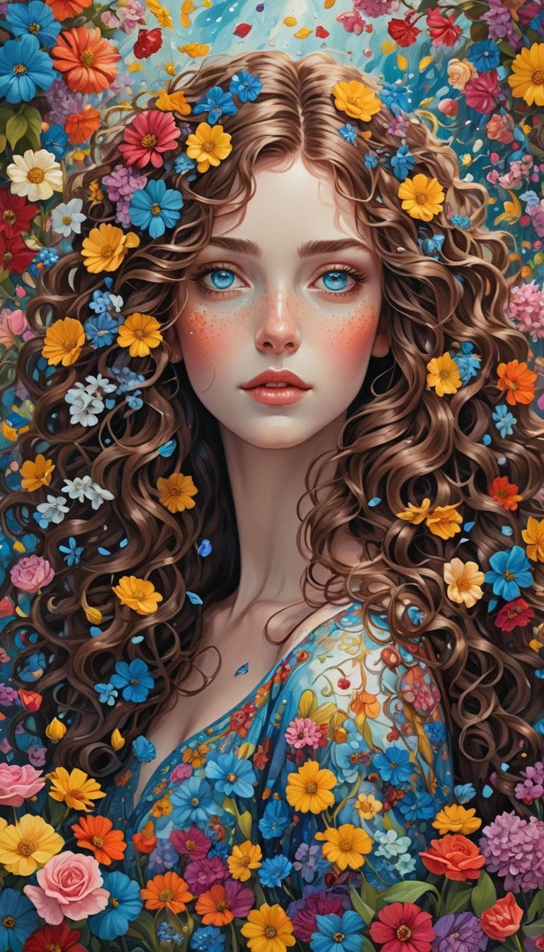 AI generated: In a posh dreamscape, a girl with blue eyes and curly brown hair aims her bush-string bow at a heart...