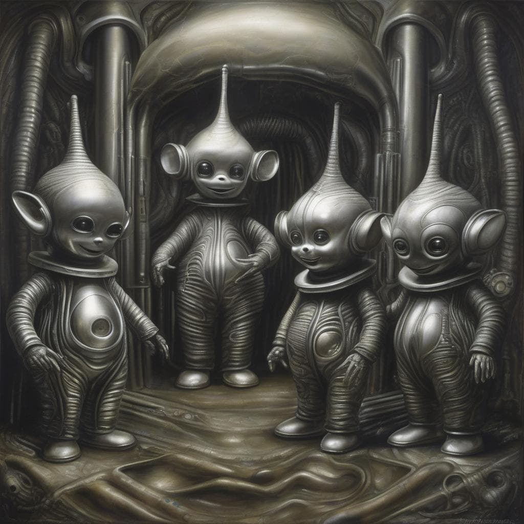 AI generated: Teletubbies pranking a dieselpunk astronaut, painting by H.R.Giger
