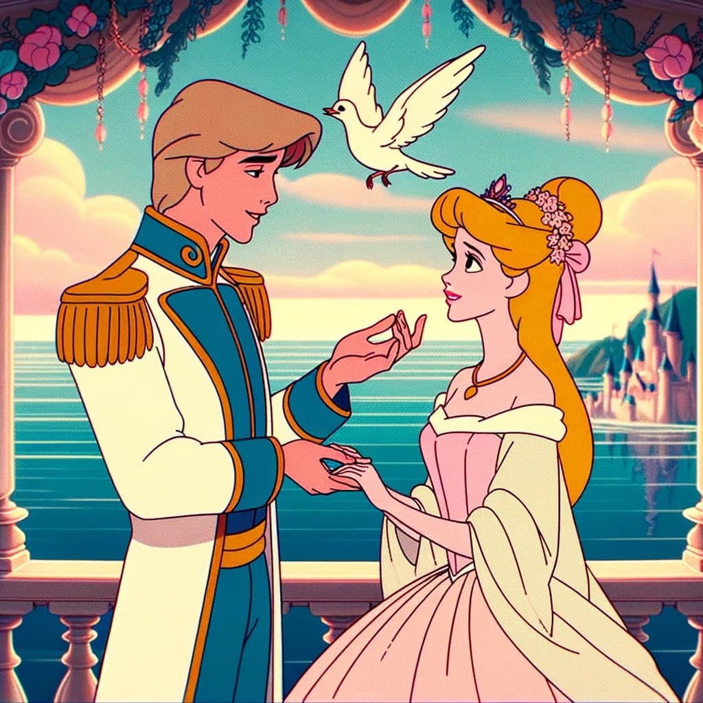 AI generated: Animation from the 1990s, showing a prince in love with a beautiful princess. The visual style is fl...