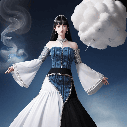 AI generated: A white female with blue eyes and black hair wears a long dress with a large skirt and three-quarter...
