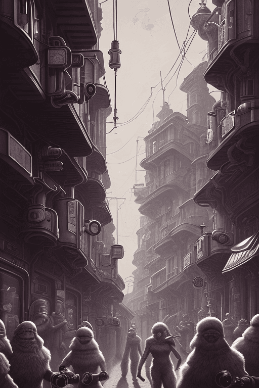 AI generated: A retro-futuristic 18th century city street, strange beings with bright black heads and highly artic...