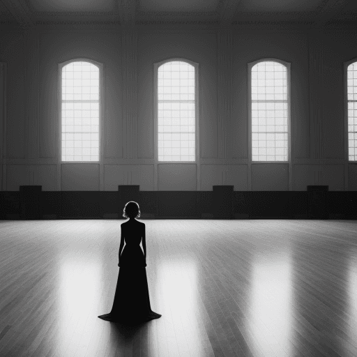 AI generated: a woman standing alone in an empty ballroom 