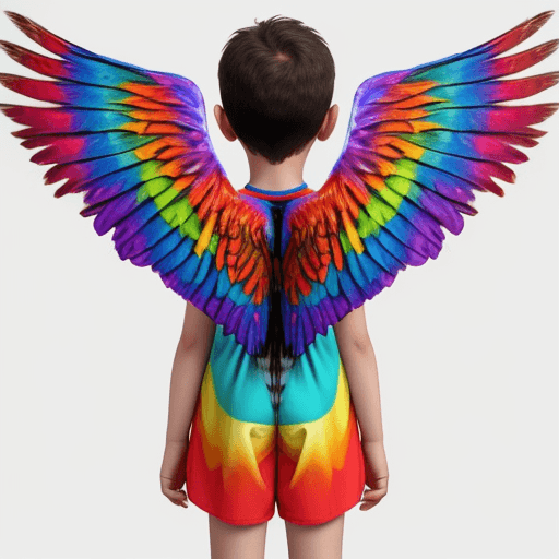 AI generated: colorful wings with kid, wings on the back