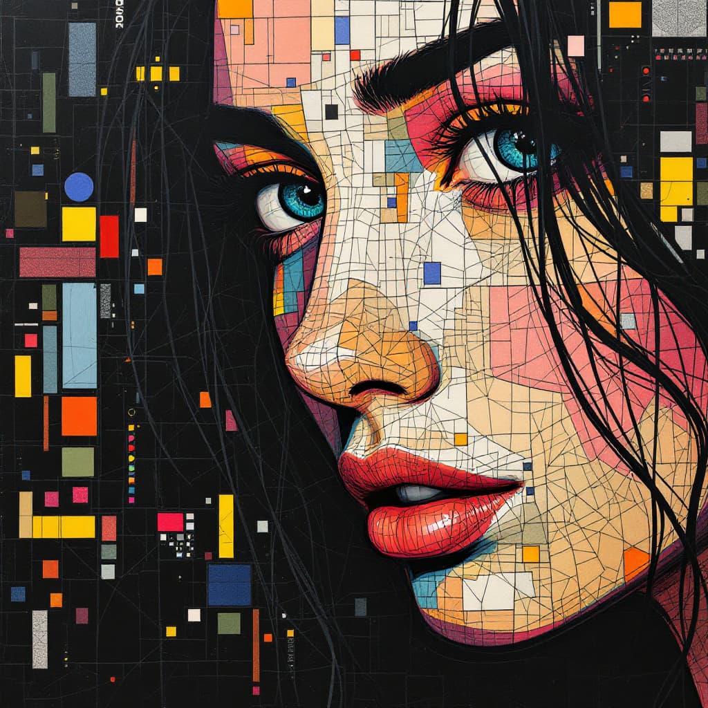 AI generated: illustration, art, Young Woman, face, gaze, mosaic, mondrian, consisting random colors, black outlin...