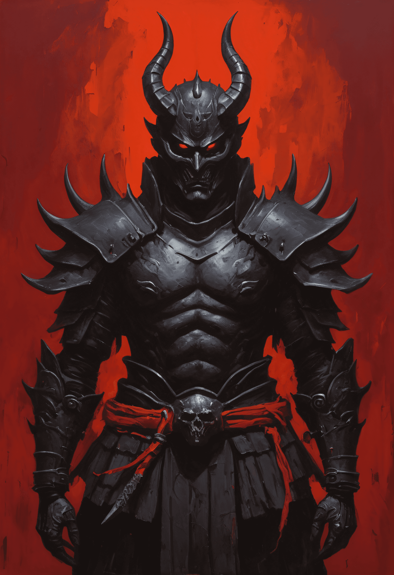 AI generated: A dark, imposing figure, partially shrouded in shadow, stands against a vibrant red background. The ...