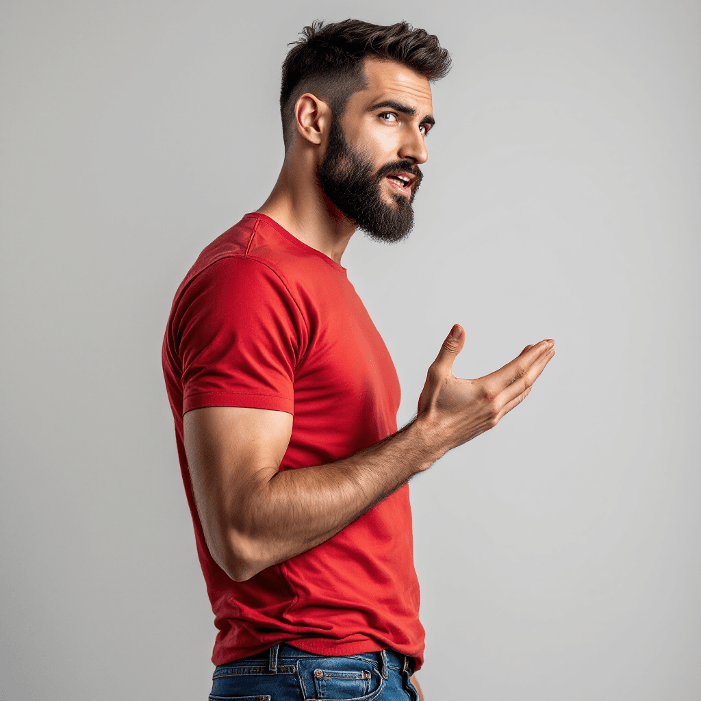 AI generated: hyper-realistic photo of a caucasian man, short burst-taper dark hair, beard, wearing straight-cut b...