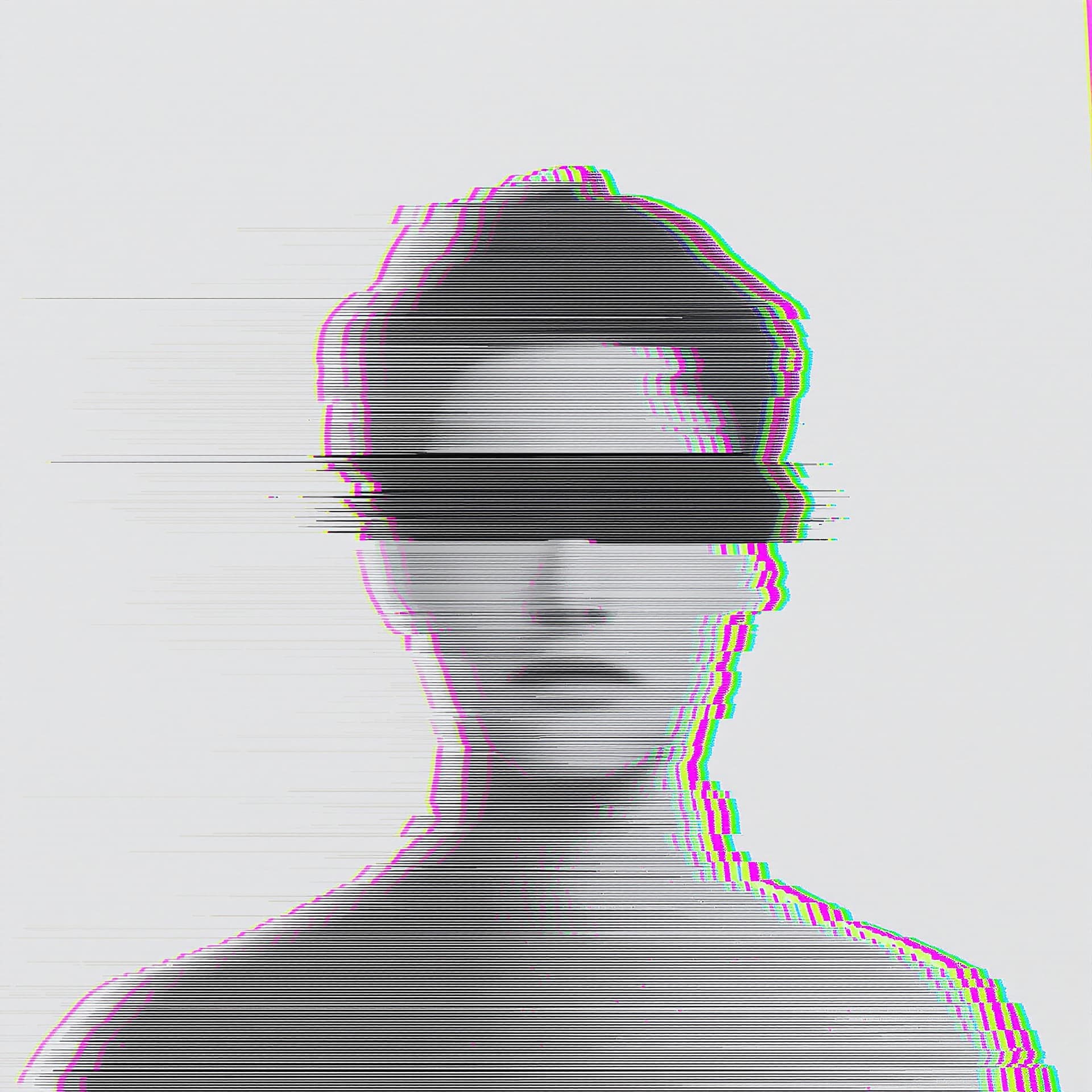 AI generated: glitch art with linear distortion, horizontal scan lines and digital interference, vertical portrait...