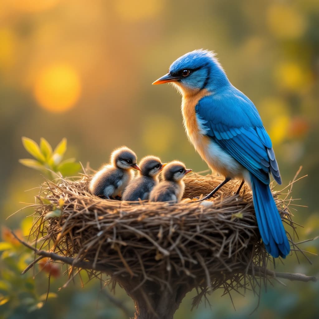 AI generated: A beautiful blue bird sit on a nest with her babies eating a food the sun set also visible