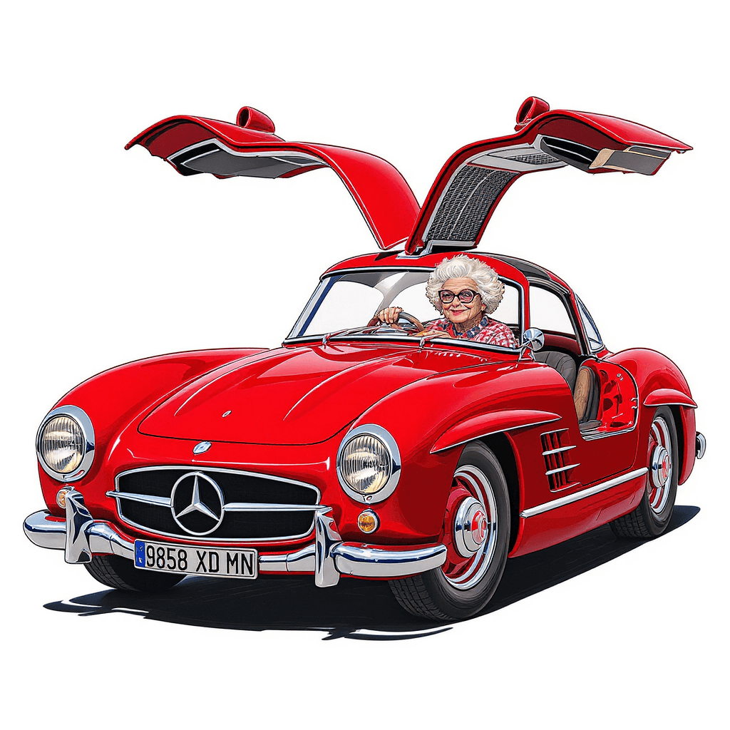 AI generated: 1954 Mercedes-Benz 300SL Gullwing, illustrated in a detailed clipart style, featuring its
unique up...