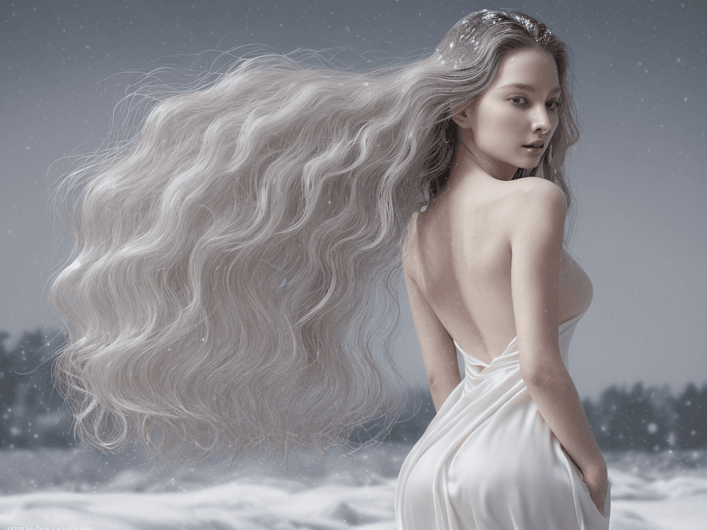 AI generated: The woman's hair is long, wavy, and snowy white, cascading down her back like a river of silk. Her s...