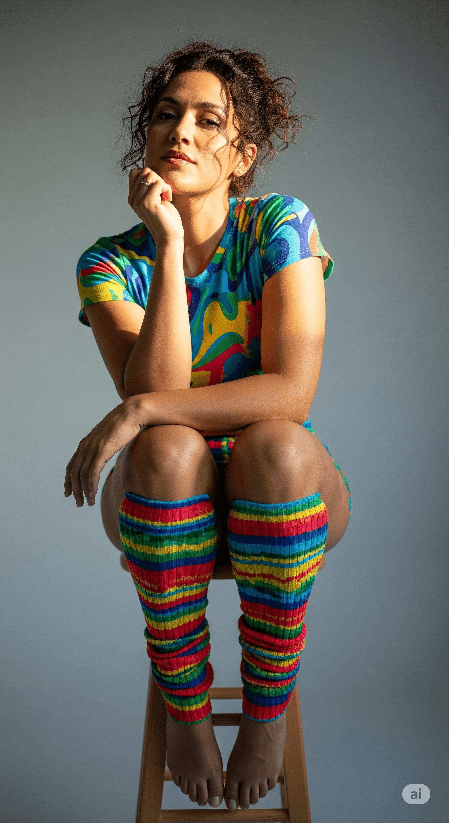 AI generated: Women sitting on a wooden stool in an photo studio, wearing a multicolored mini top, and multicolore...