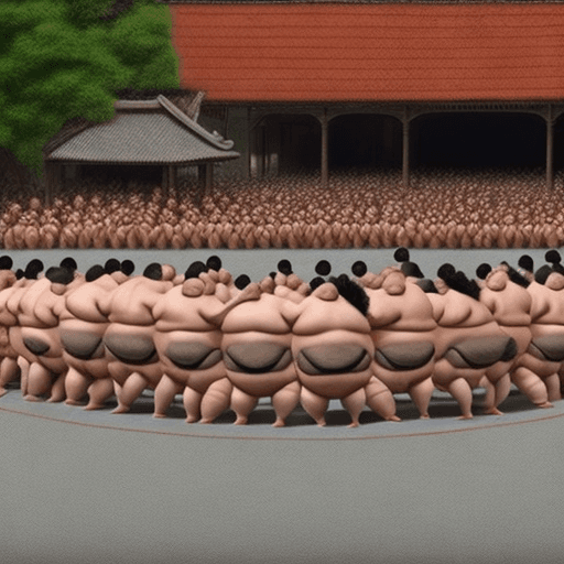AI generated: Photo of a ultra realistic 100 fat sumo fighters touching each other