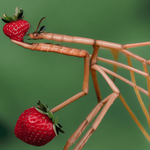 AI generated: image of a stick insect eating a strawberry, while the stick insect is on top of a large tomato
