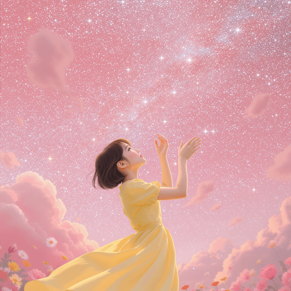 AI generated: a young hppy short hair Asian girl girl in a yellow dress, searching for stars in the big pink sky l...