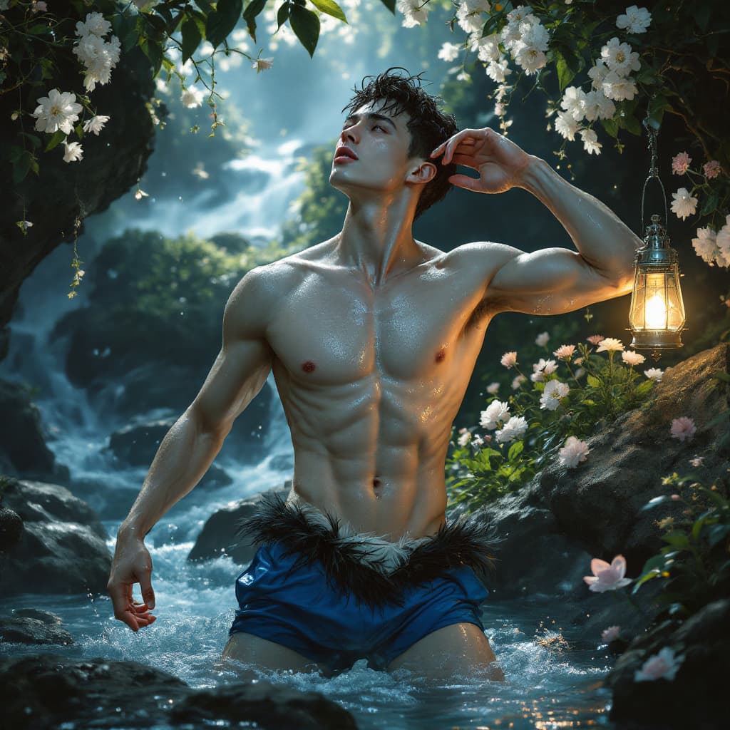 AI generated: His skin is pale, almost translucent, with a shiny, damp appearance, suggesting that he is wet or co...