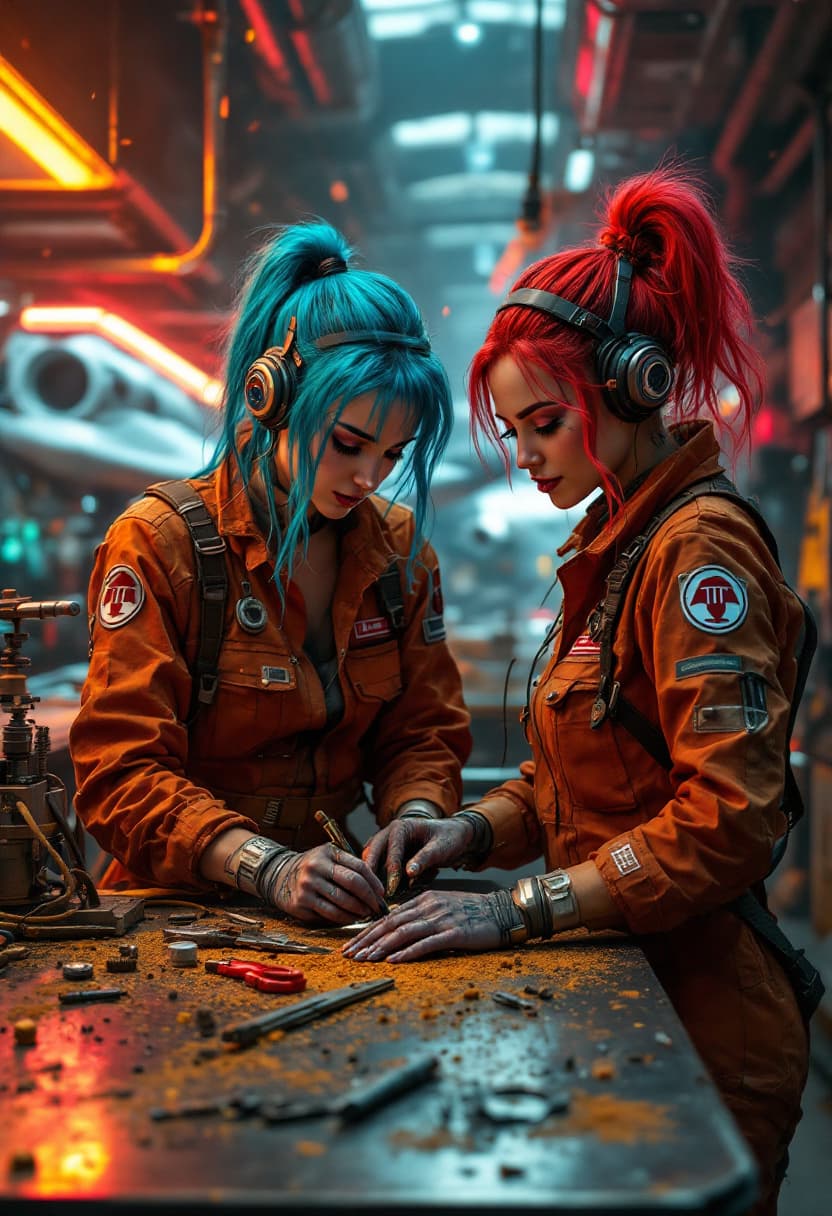 AI generated: concept art. Medium shot. Two girlfriends with vibrant blue and red colored hair, tattoos, and makeu...