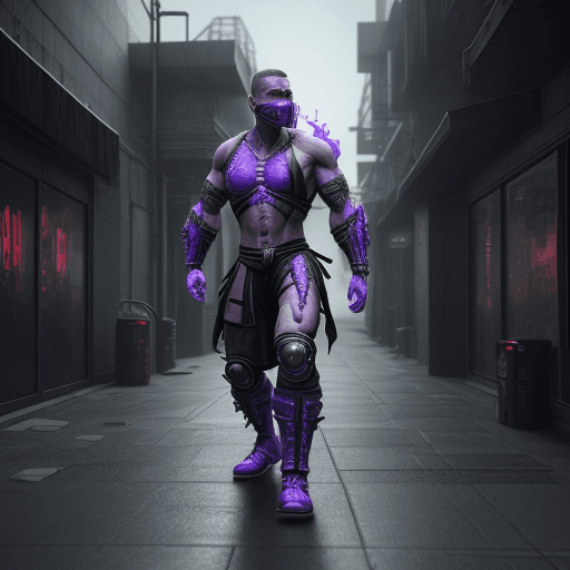 AI generated: Mortal Kombat, cyberpunk, outdoor, street, purple, hyperrealism, photorealistic, 8k, unreal engine, ...