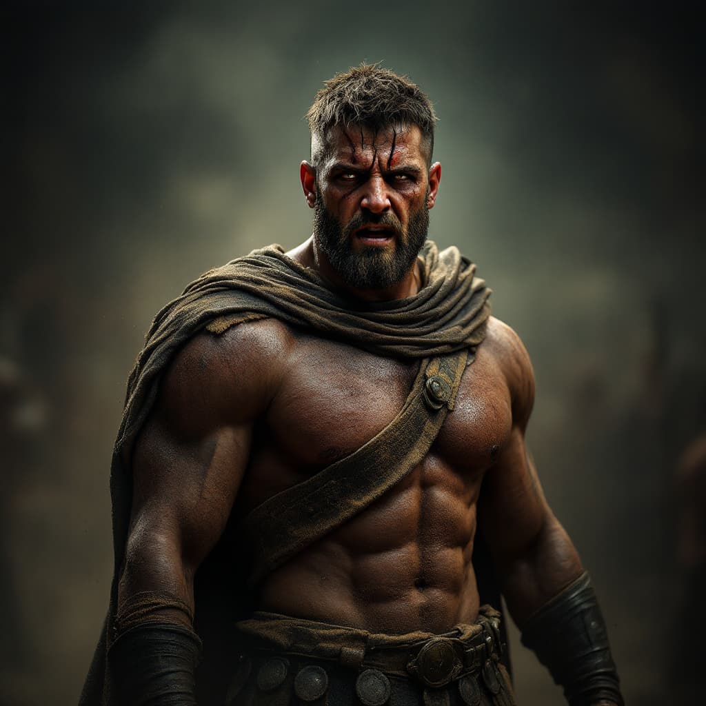AI generated: The gladiator stands after the battle, fear and horror on his face, tired and beaten, sand on his fa...