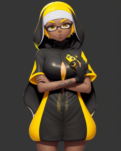 AI generated: splatoon, inkling, saturated colors, yellow hair, short hair, dark skin, nun outfit, female, large b...