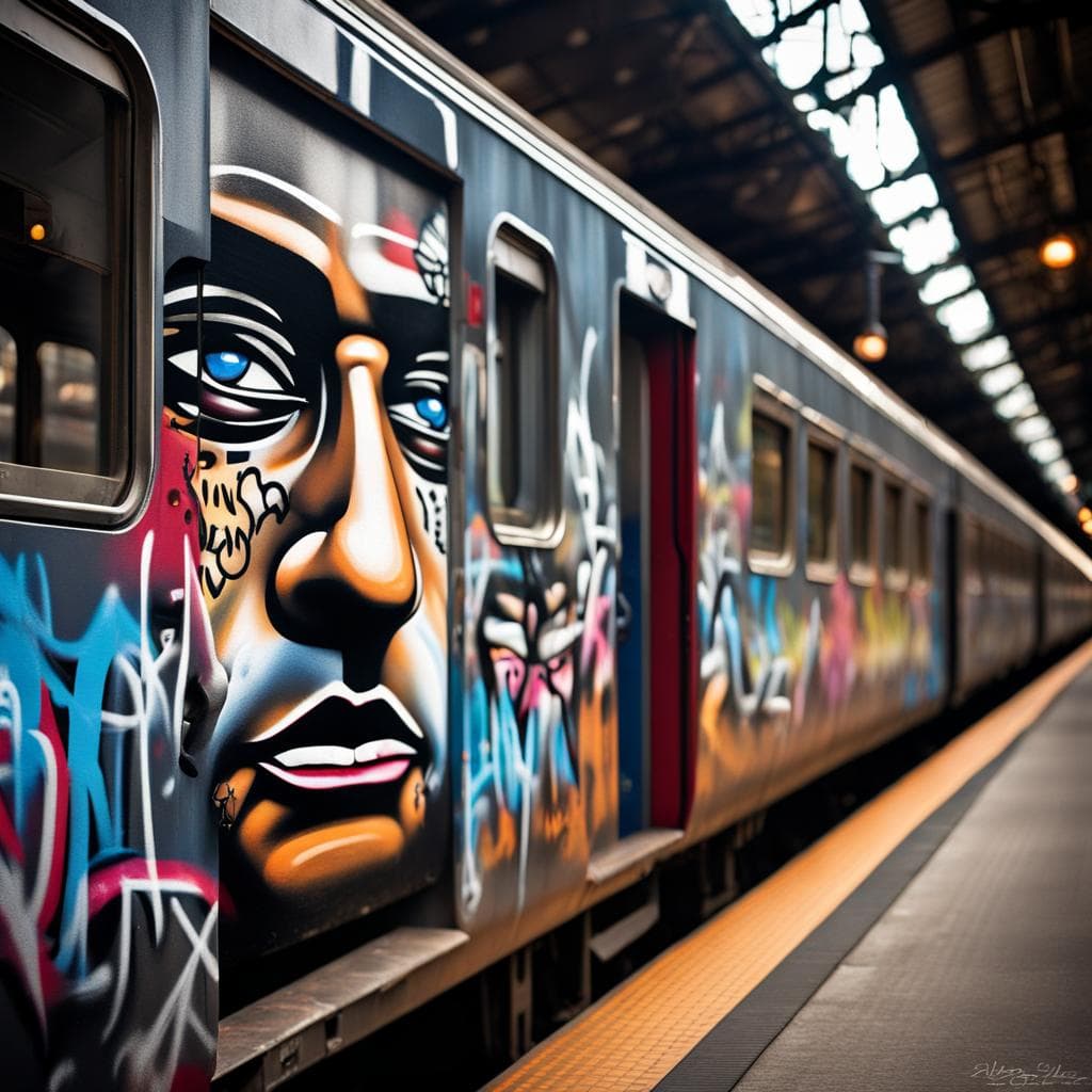 AI generated: Amidst the bustling city, a serene train stop unveils a stunning graffiti man adorning the side of a...