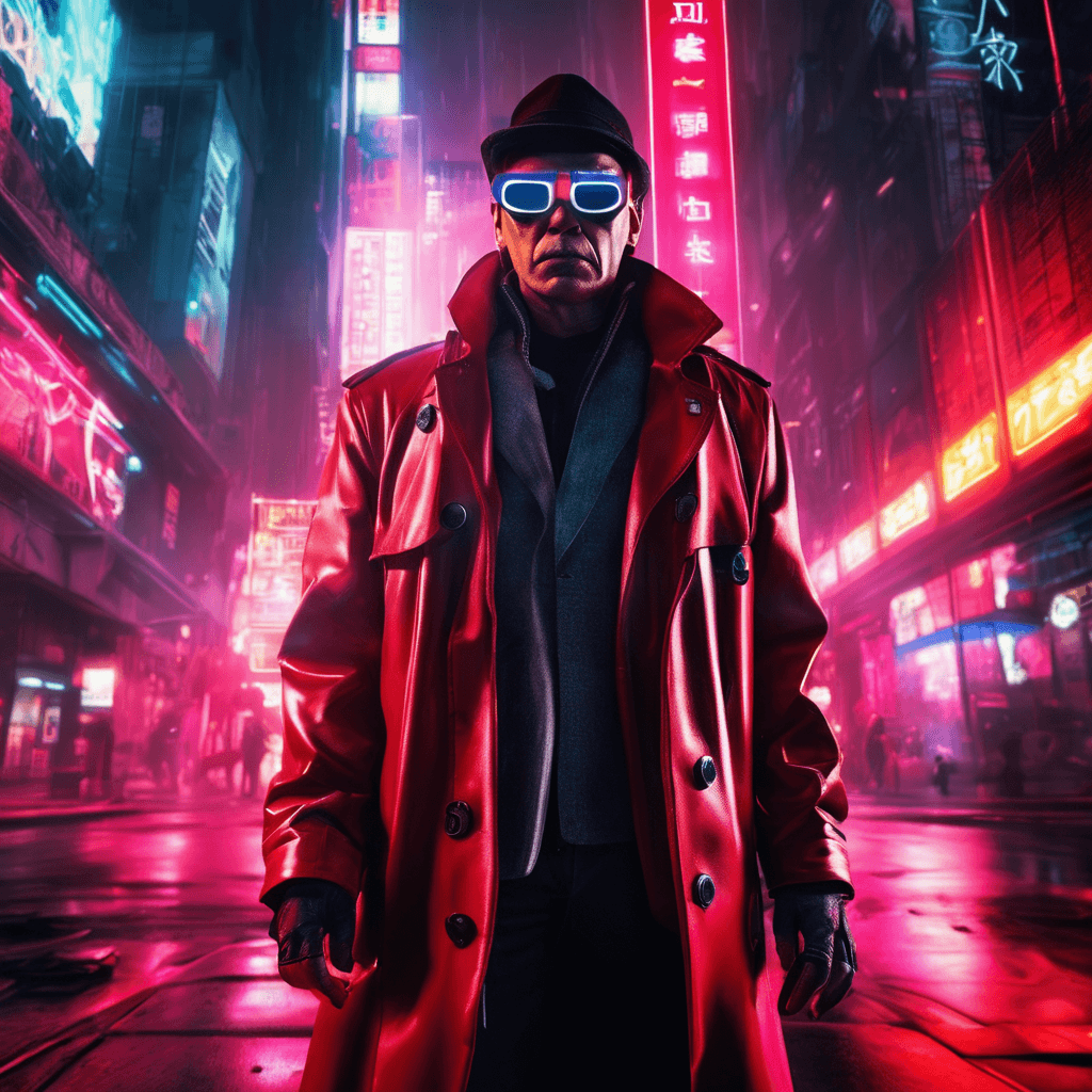AI generated: Cimematic shot, A cybernetically enhanced 45-year-old detective, wearing a futuristic trench coat an...