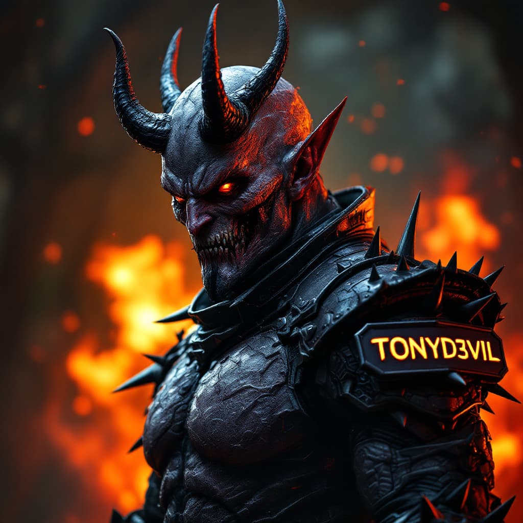 AI generated: Brutal devil looking fighter, bark fire background,4k, carbon armor with spikes, "T0NYD3VIL" written...