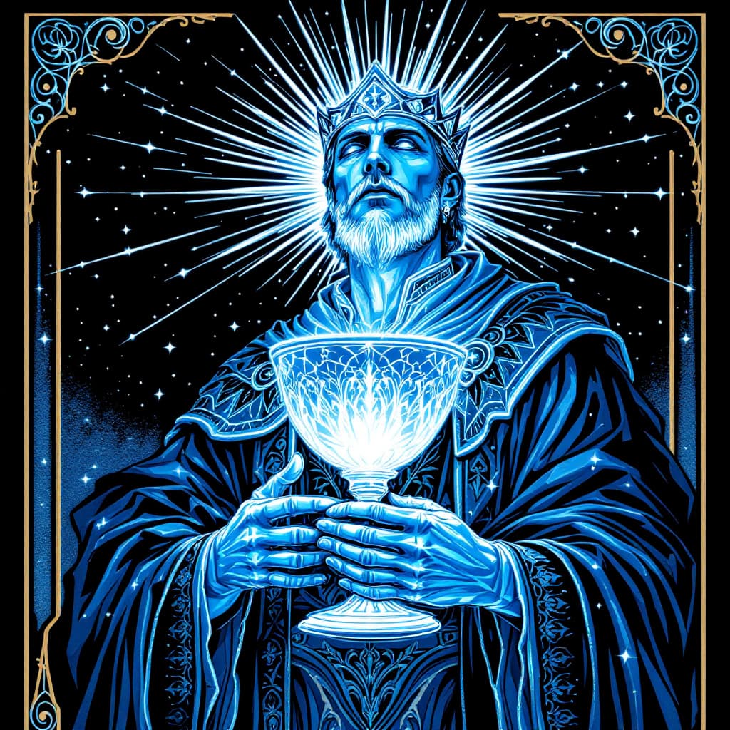 AI generated: Art Nouveau tarot blue and white  glowing male king holding a large radiating  chrystal goblet