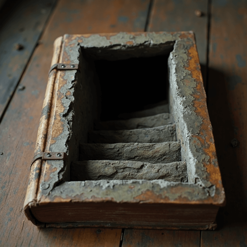AI generated: A worn-out book sits on a rustic wooden table, its cover crafted to look like a real, half-open base...