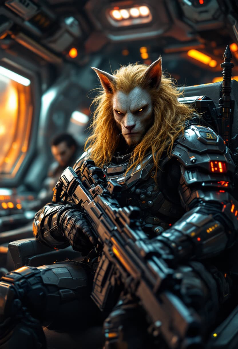 AI generated: A 50yo intense humanoid with feline features and hair like a long golden mane futuristic NCO space m...
