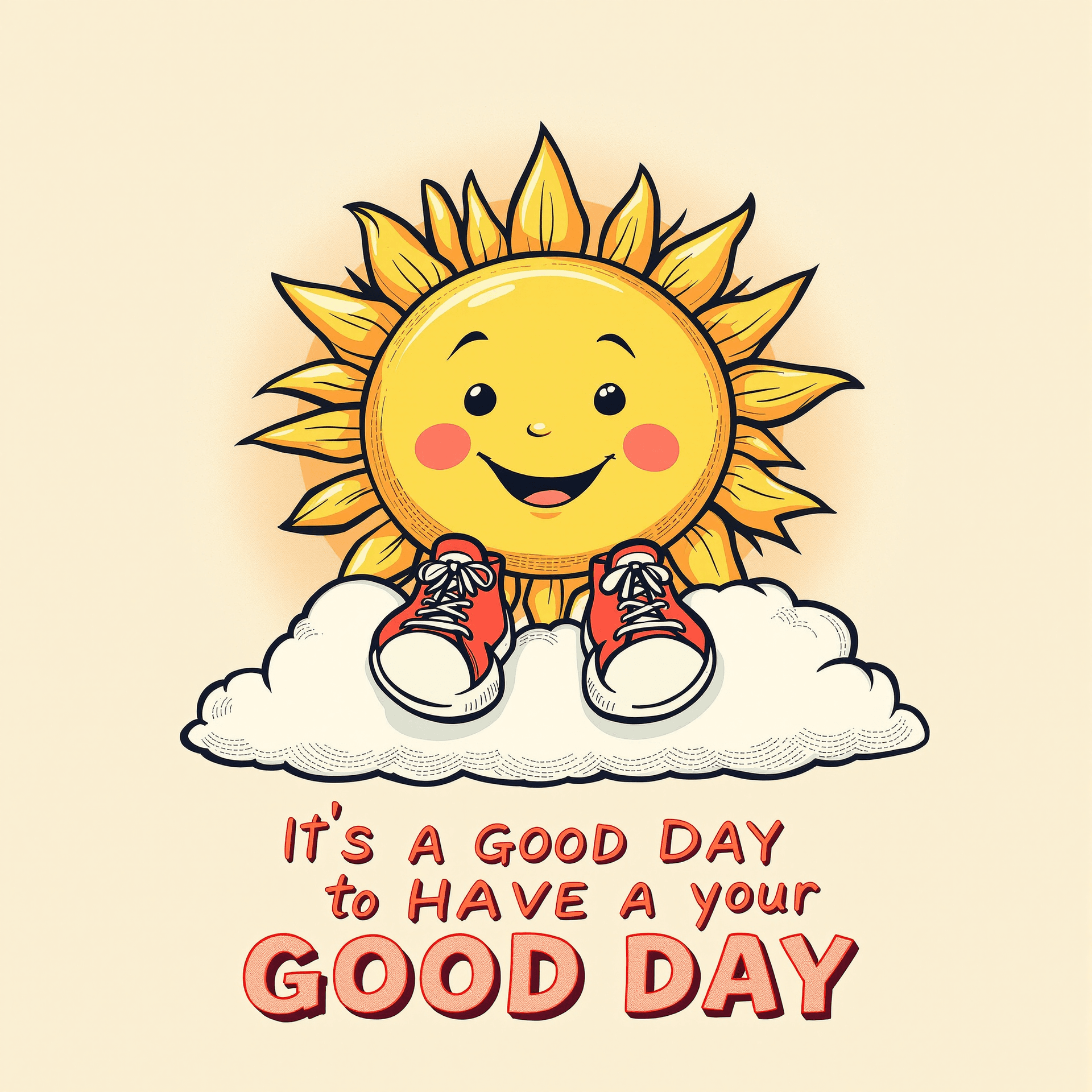 AI generated: 
A cartoon sun, with a happy expression, wearing red sneakers, sitting atop fluffy clouds, against a...