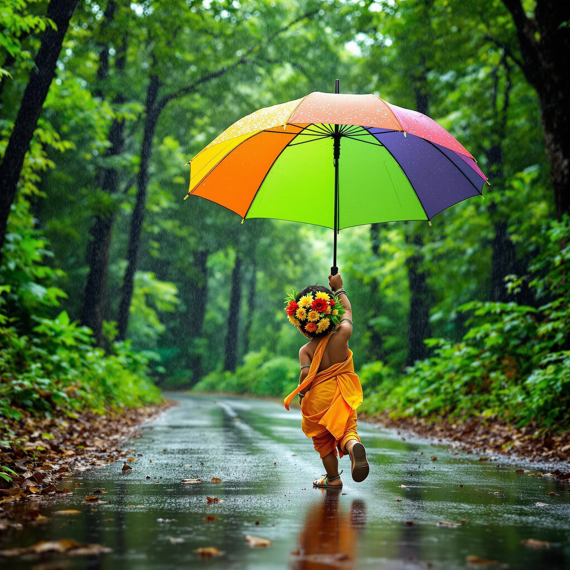 AI generated: Baby Krishna ji, strolling down a forest road He holds a colorful umbrella in his hand, which contra...