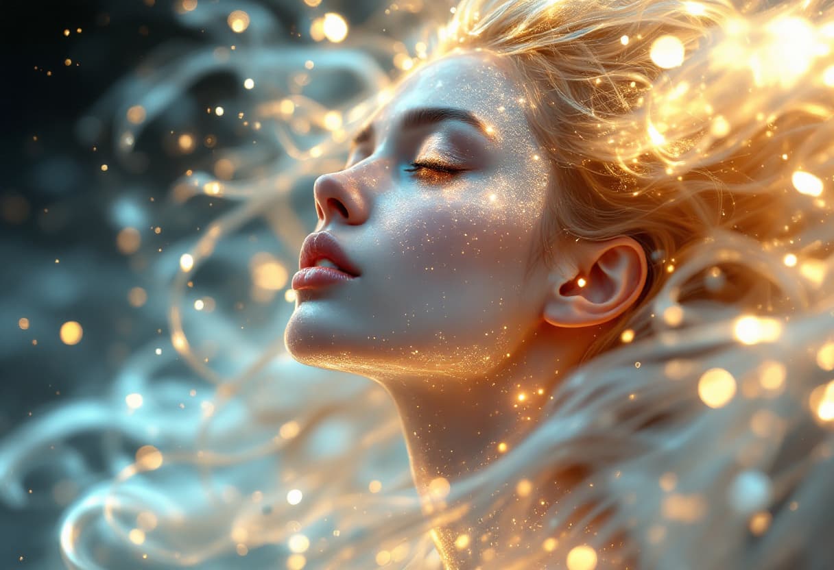 AI generated: A photorealistic 4K image of a woman with transparent, crystal-like skin, glowing from within with a...