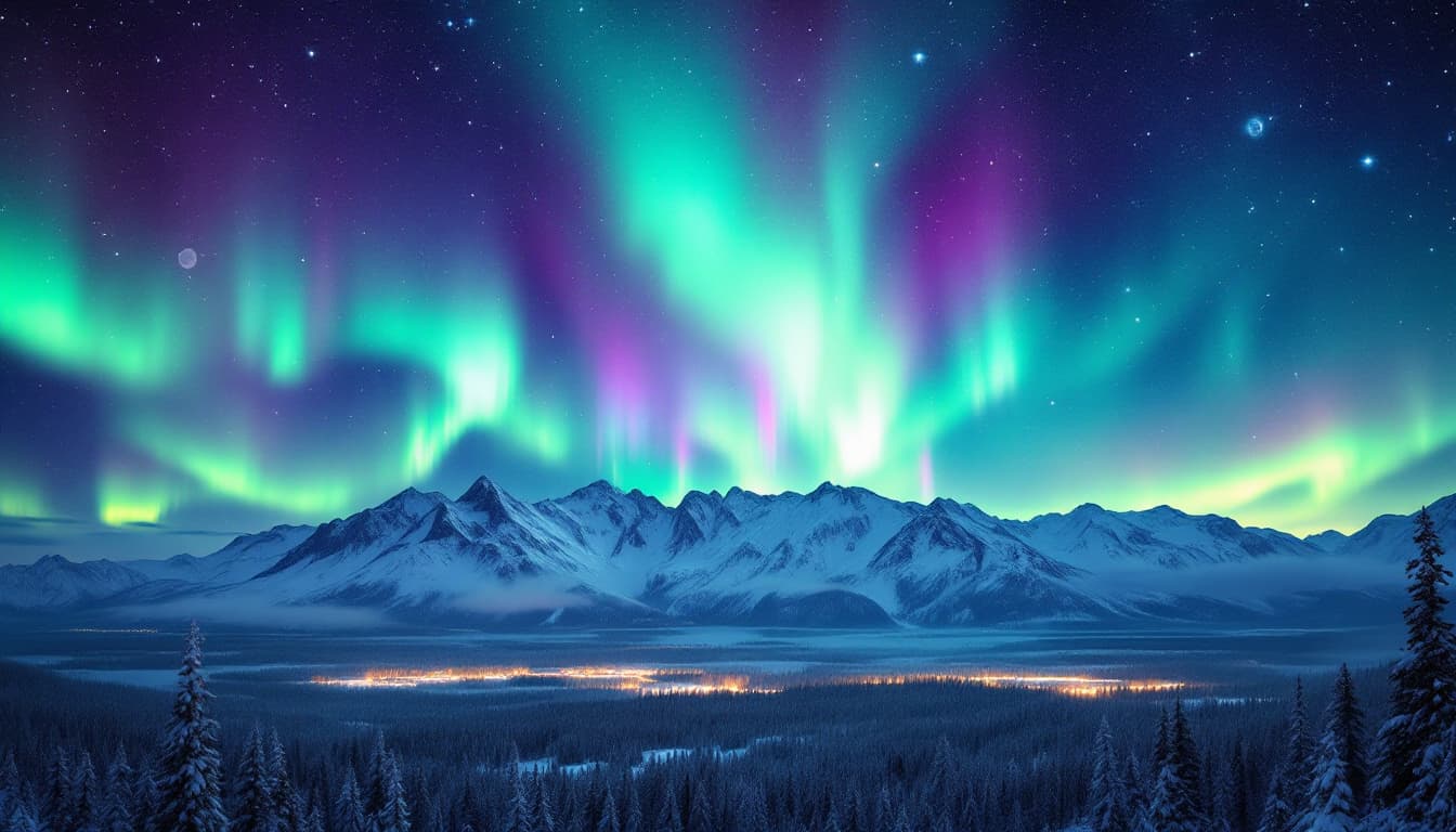AI generated: Mesmerizing northern lights shimmering with vibrant shades of green, blue, and purple. A view of the...