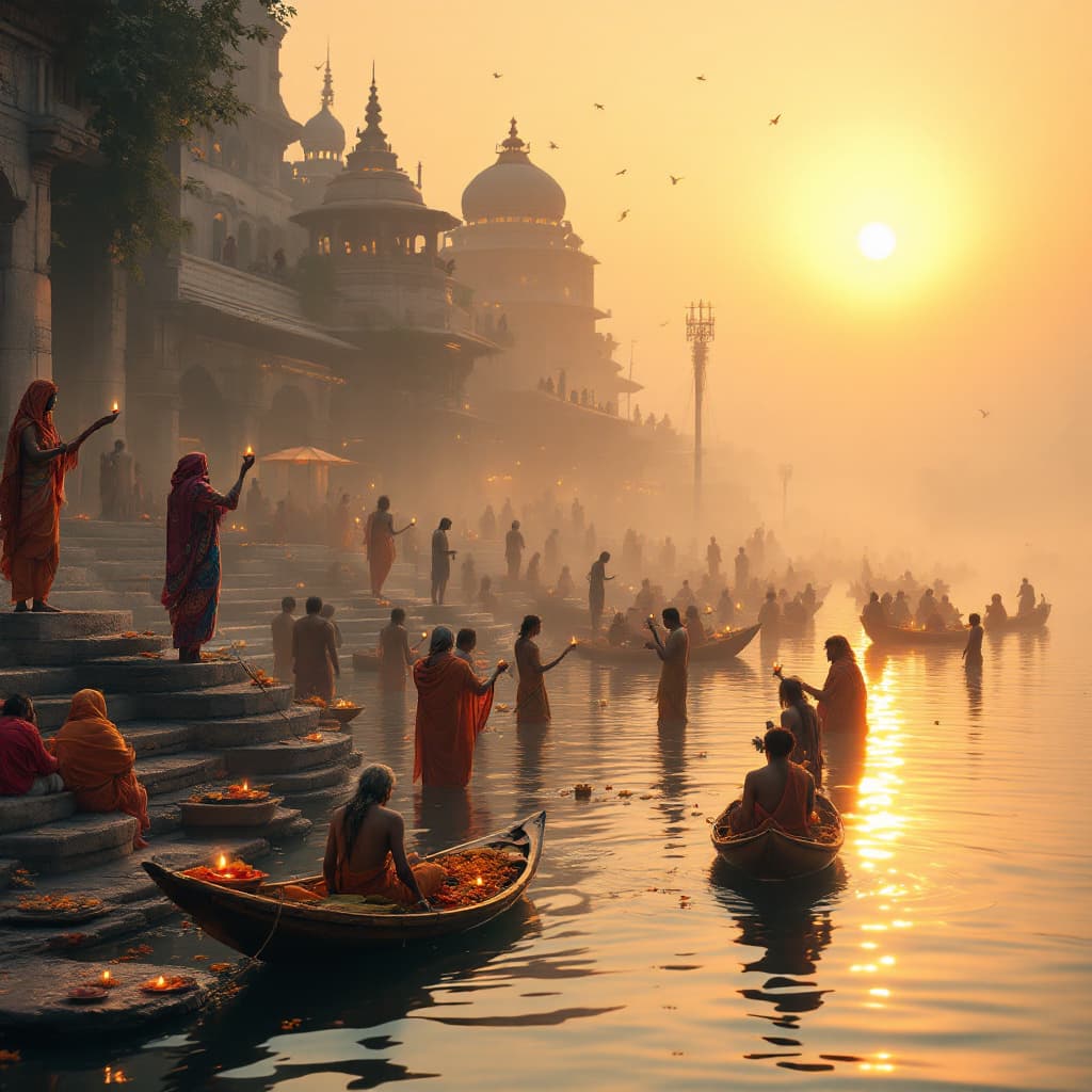 AI generated: A highly psychedelic, futuristic, surreal photo of the Ganges River in Varanasi at sunrise. The gold...