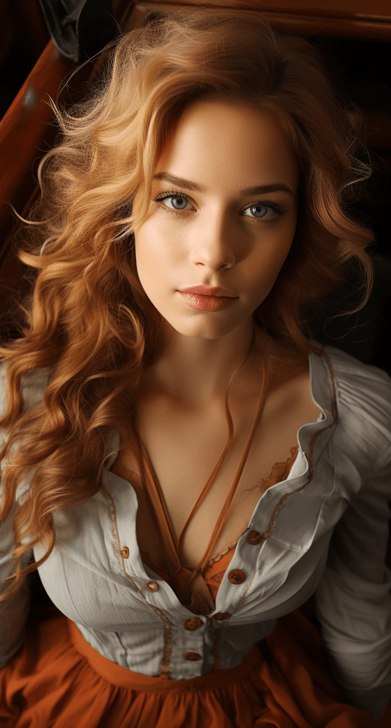AI generated: Beautiful woman, top-down view high camera angle, looking up into the camera, meaningful eye contact...