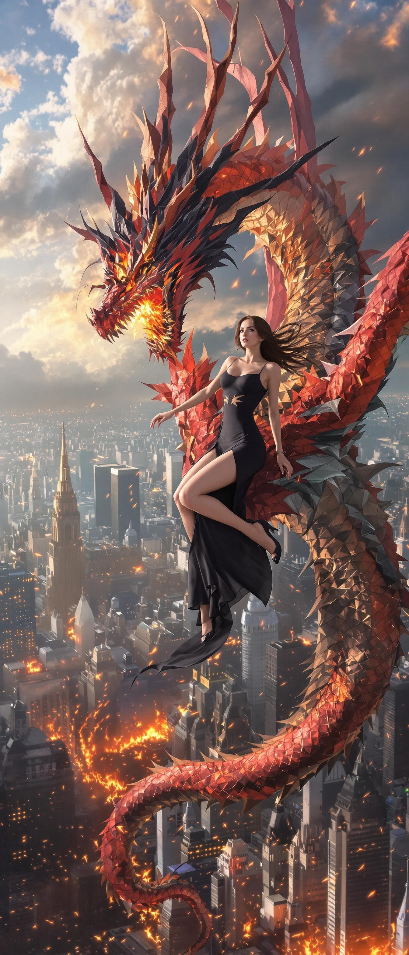 AI generated: Pretty lady wearing a hot slim black dress with dark brown hair . 
She is riding a huge red dragon a...