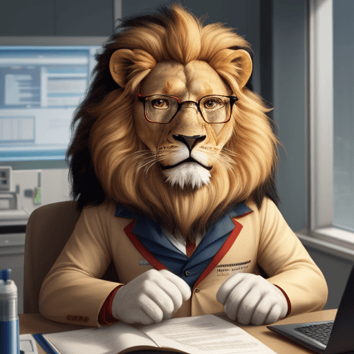 AI generated: A real lion that is doctor and has glasses that is working in hospital 