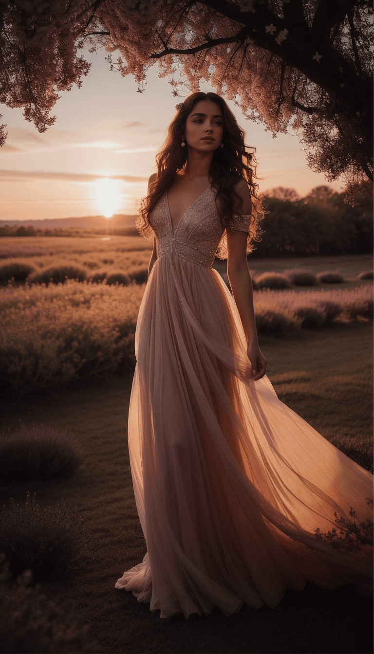 AI generated: pro photo, where the sun dipped below the horizon in hues of amber and rose, a young princess, whose...
