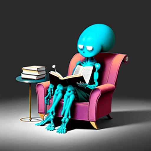 AI generated: A microscopic cell reading a book, with engineered limbs and funny eyes. Instead of using a sofa, it...