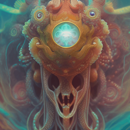 AI generated: Goddess close-up portrait ribcagel. jellyfish phoenix head, nautilus, orchid, skull, betta fish, bio...