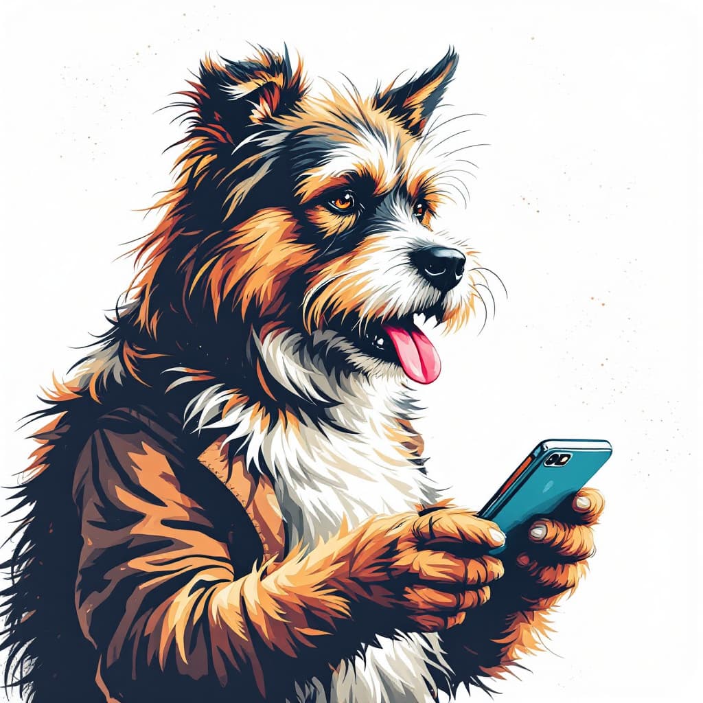 AI generated: perro feliz hablando por
 el móvil