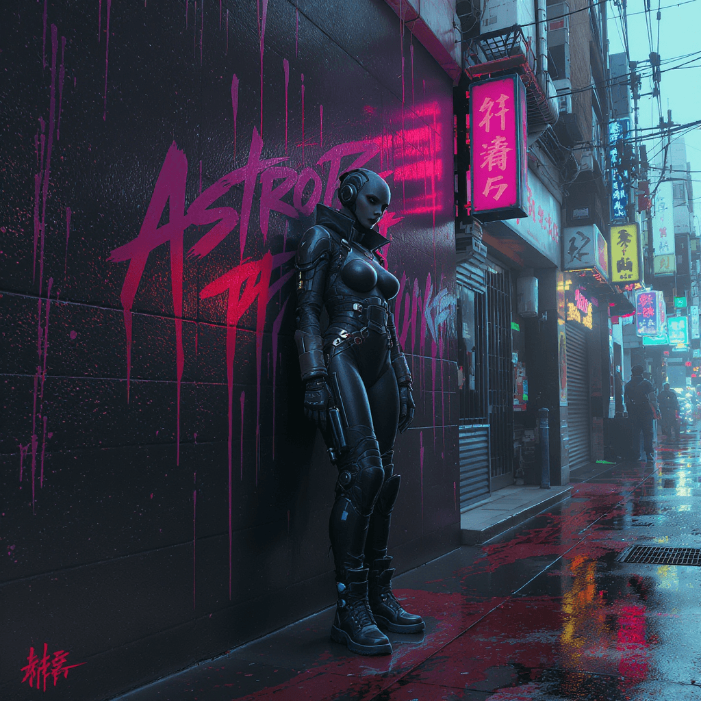 AI generated: Astropunk style, an illustration of a woman, full body, standing against a wall in a cyberpunk stree...