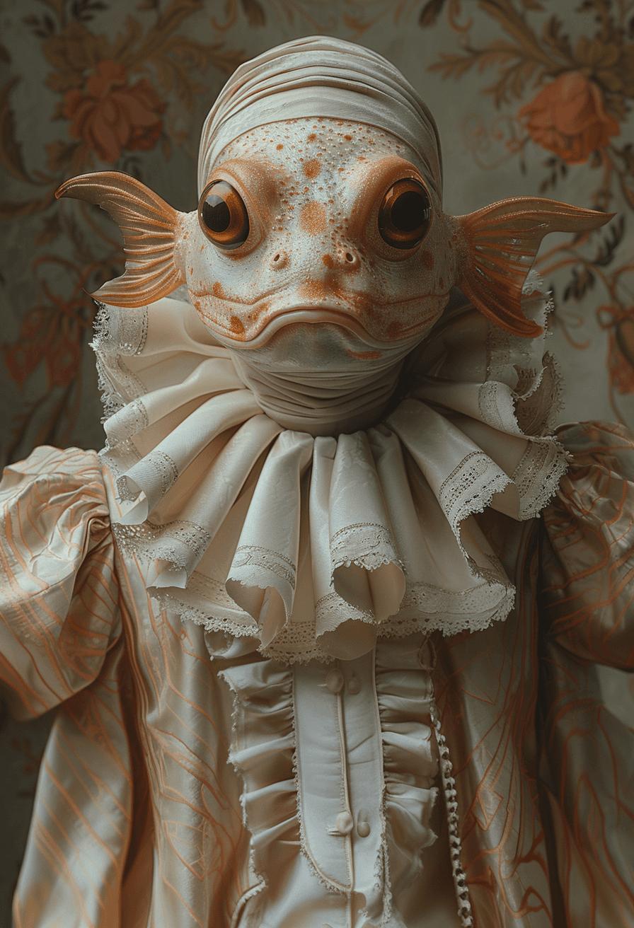 AI generated: woman wearing a puffer fish on her face, in the style of nicolas bruno, surreal comic scenes, jarrin...
