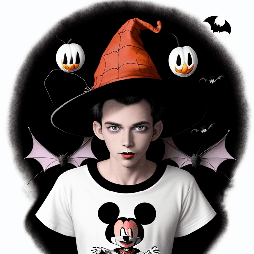 AI generated: Mickey Disney character with Halloween hat. Around him 3 bats of various sizes, spider coming out of...