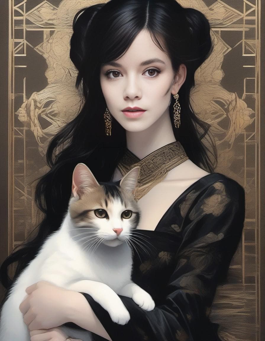 AI generated: a girl with unforgiving eyes and a cat in her arms, girl in black barlot dress, metal earrings, doub...