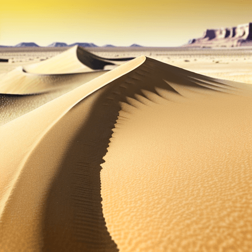 AI generated: Close up of a barren desert landscape - showing sand in the foreground.  Style should be windswept.