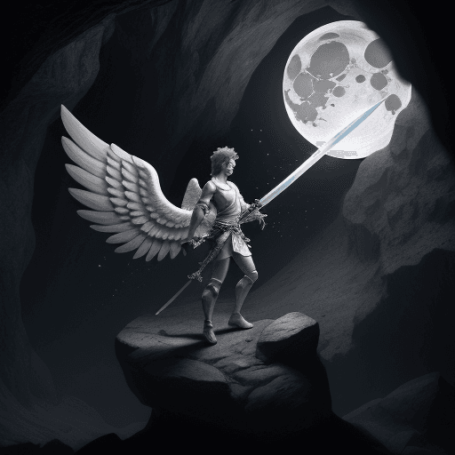 AI generated: A strong angel having a sword with his big wings in the cave  with a little moon light