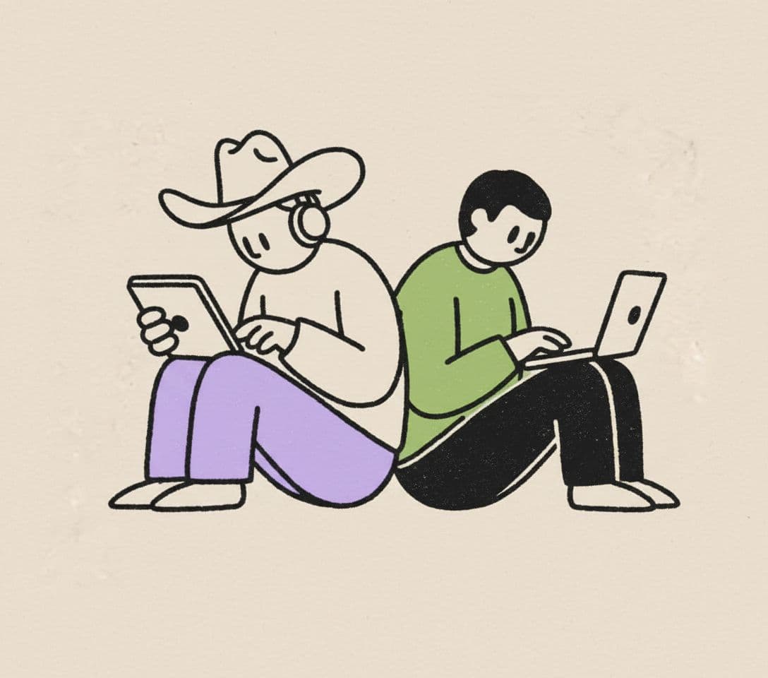 AI generated: create an image of freelancers working using a rough, line, vector, stylized faces. only 2 people